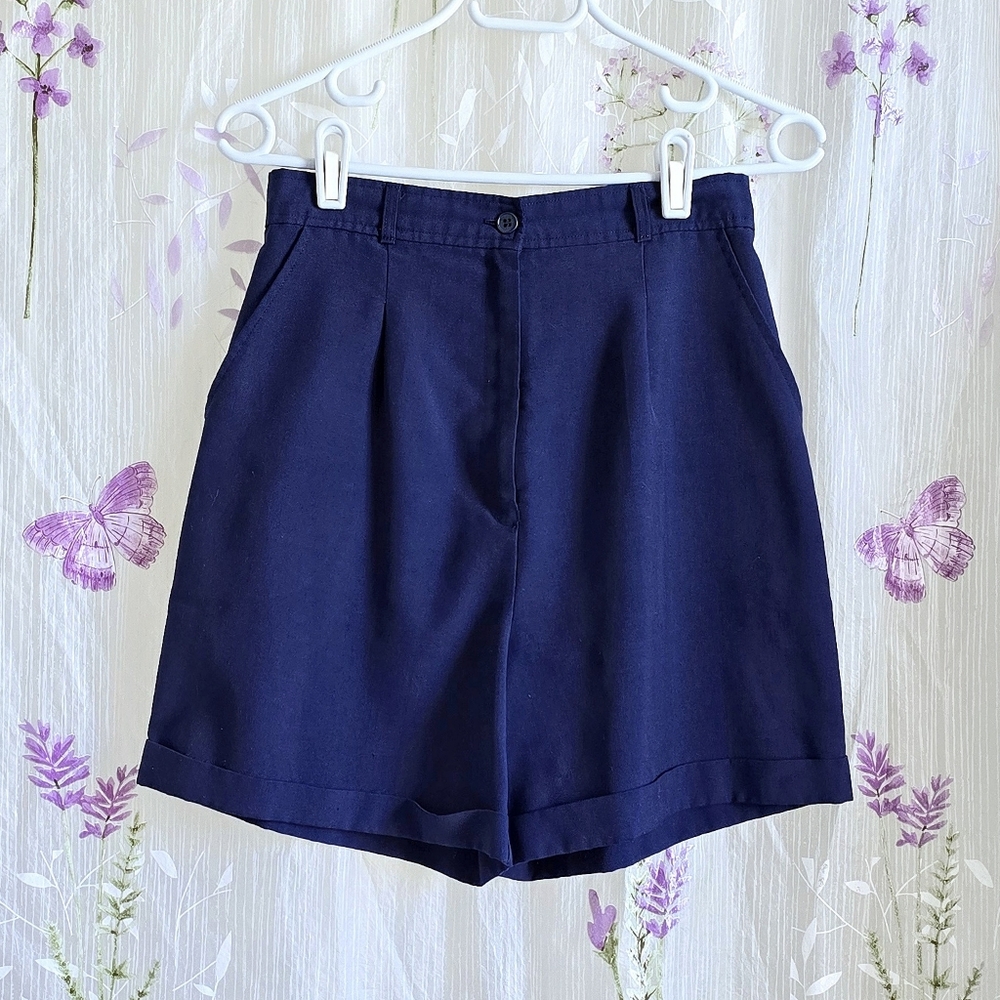 1980s Vintage Shorts 80s Bermuda Navy Blue XS High Waisted Pleated Sporty Play